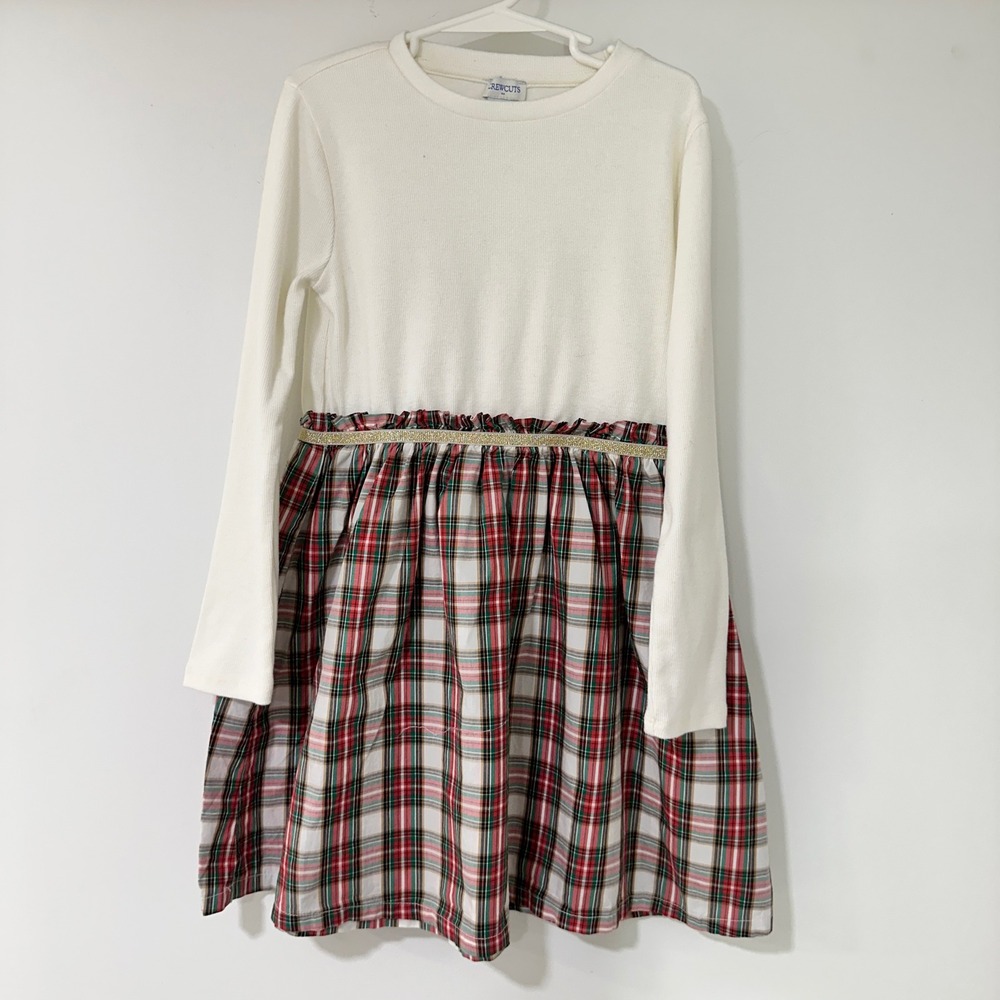 Crewcuts Plaid Mixed Media Holiday Dress‎ Girls 7 Ivory Red Gold | Festive Core